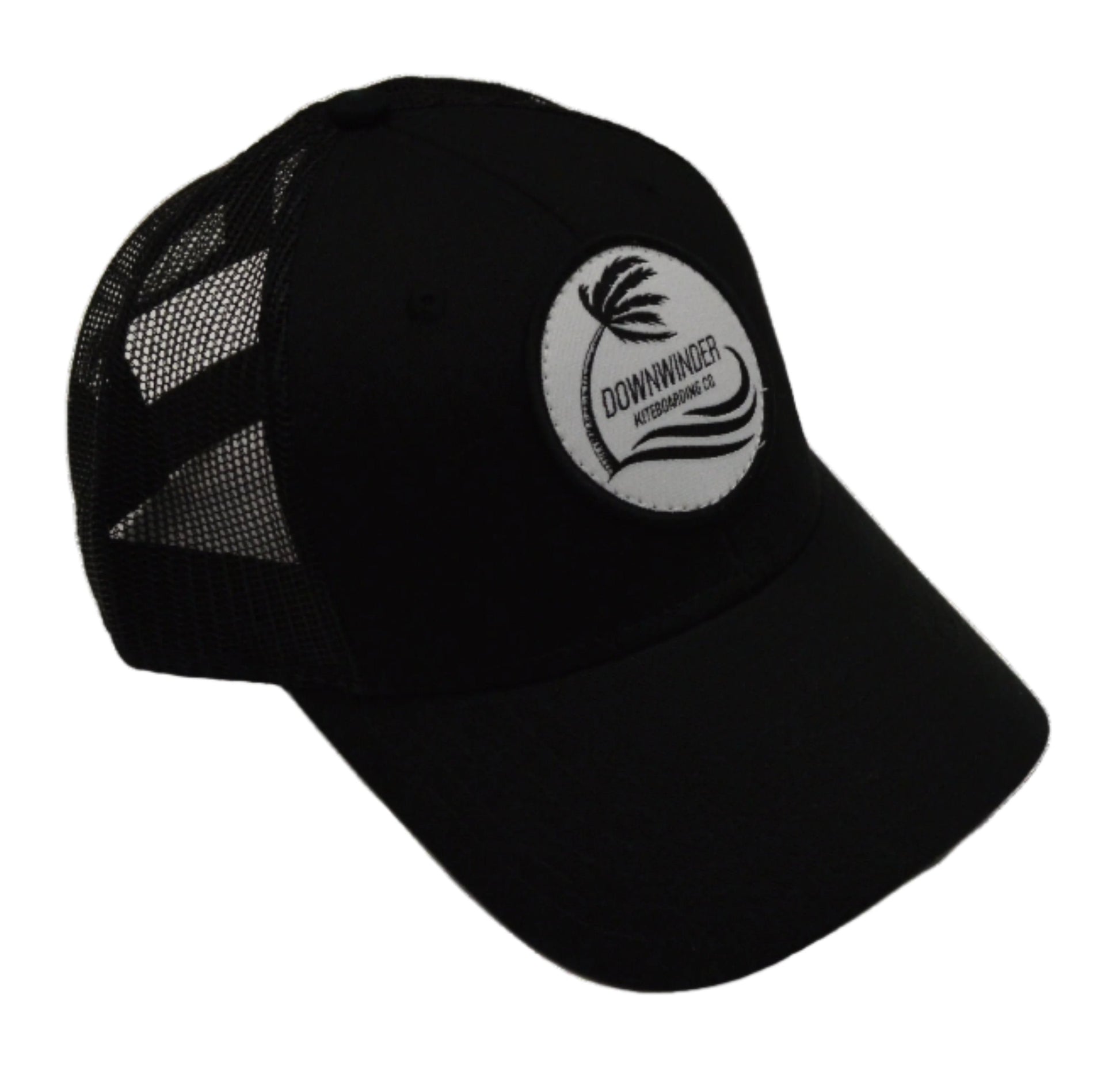Black Hat with a patch of the Downwinder Kiteboarding Co. Logo