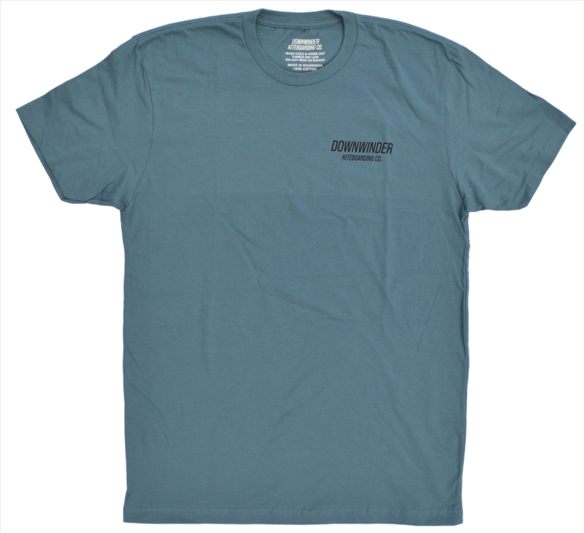 Front of blue jean color Downwinder Kiteboarding Co. logo tee. In the upper left chest, it says "Downwinder Kiteboarding Co."