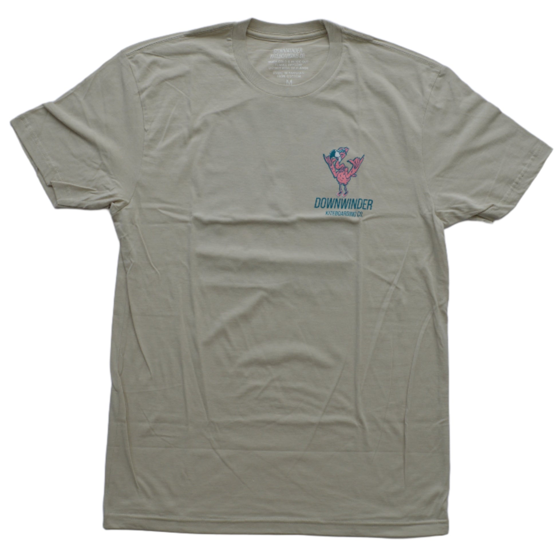 Front of Downwinder Kiteboarding Co. 'Respekt the Locals' Tee. Graphic in upper left chest, shows a flamingo doing the shaka. perfect shirt for someone who kitesurfs