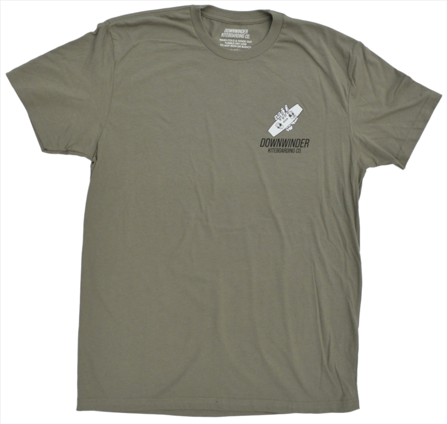 Front of the light grey skeleton roll tee shirt. In the top left chest, text says "Downwinder Kiteboarding Co." And there is a skeleton hand holding a kite board.