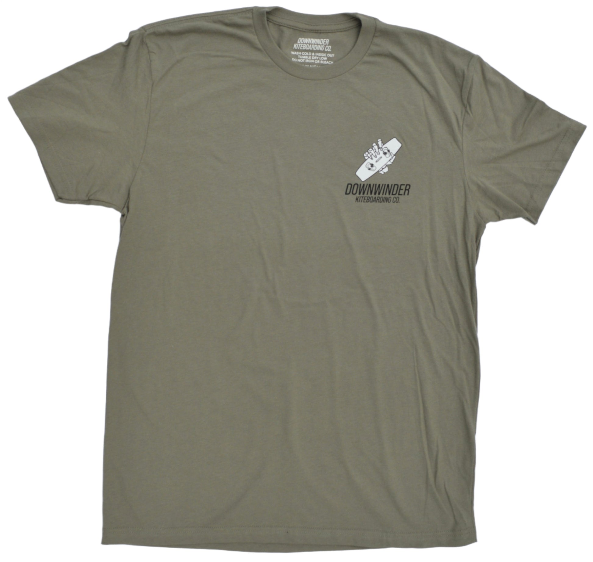 Front of the light grey skeleton roll tee shirt. In the top left chest, text says "Downwinder Kiteboarding Co." And there is a skeleton hand holding a kite board.