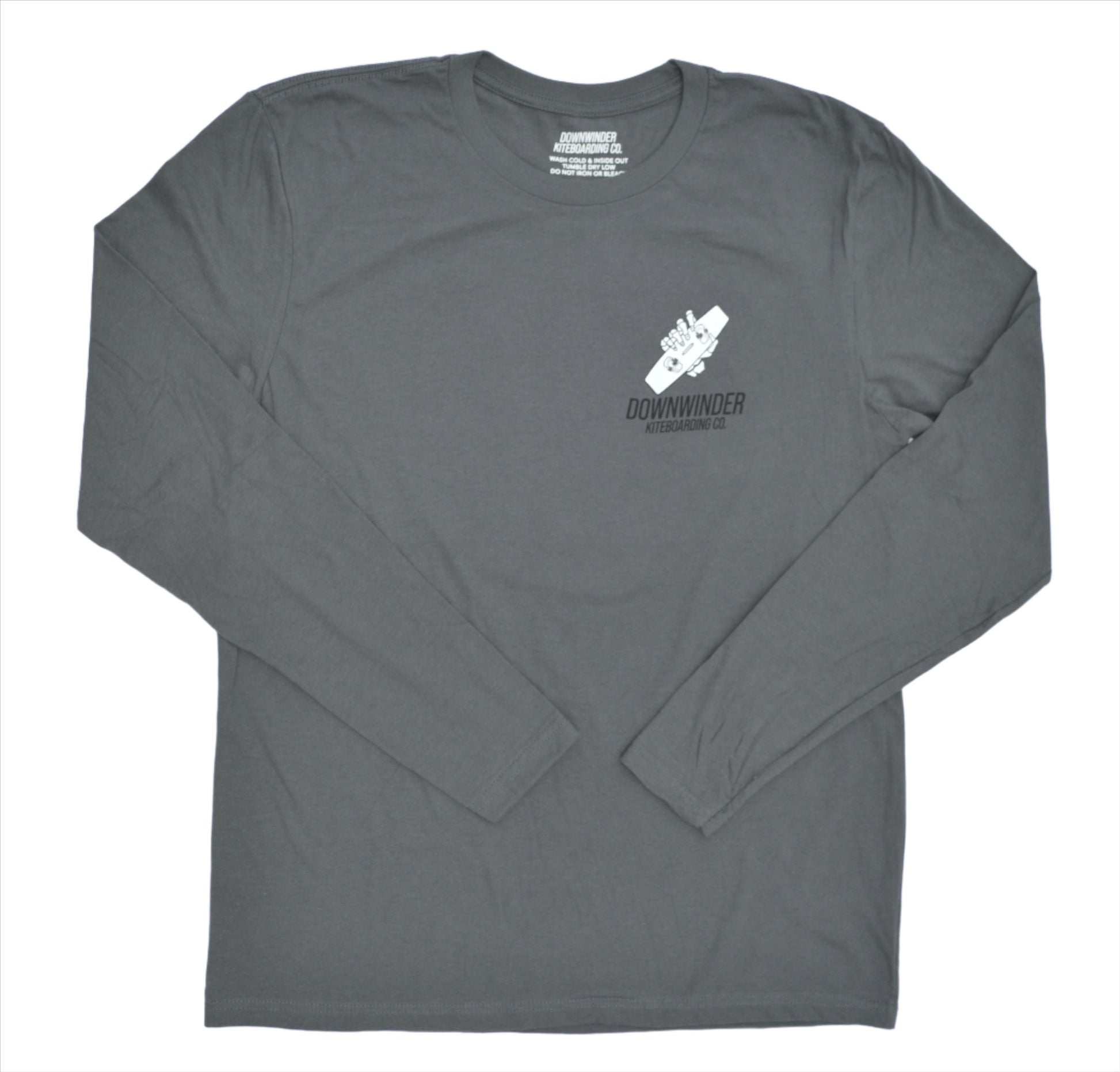 Front of the dark grey skeleton roll long sleeve tee shirt. In the top left chest, text says "Downwinder Kiteboarding Co." And there is a skeleton hand holding a kite board.