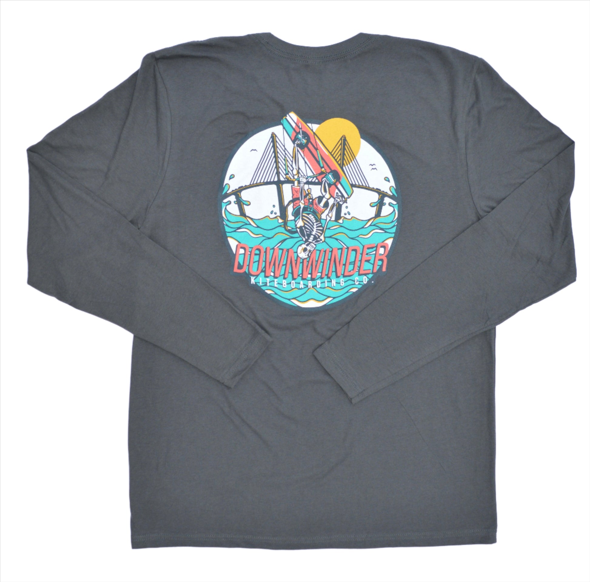 Dark Grey Downwinder Kiteboarding Co. Skeleton Roll long sleeve tee shirt. The Graphic on the back shows a skeleton doing a backroll in front of the Skyway Bridge