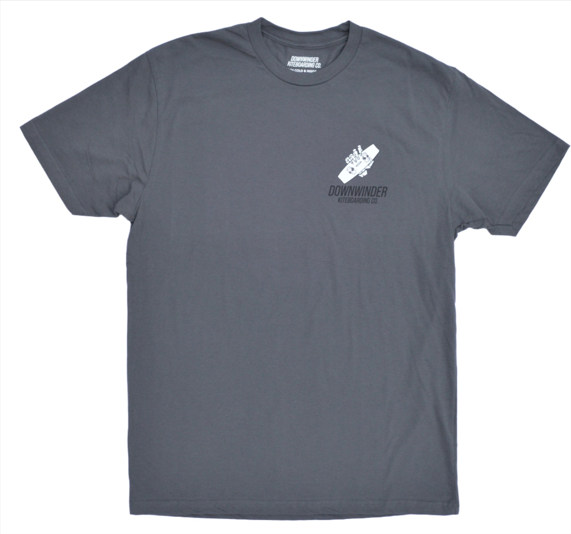 Front of the dark grey skeleton roll tee shirt. In the top left chest, text says "Downwinder Kiteboarding Co." And there is a skeleton hand holding a kite board.