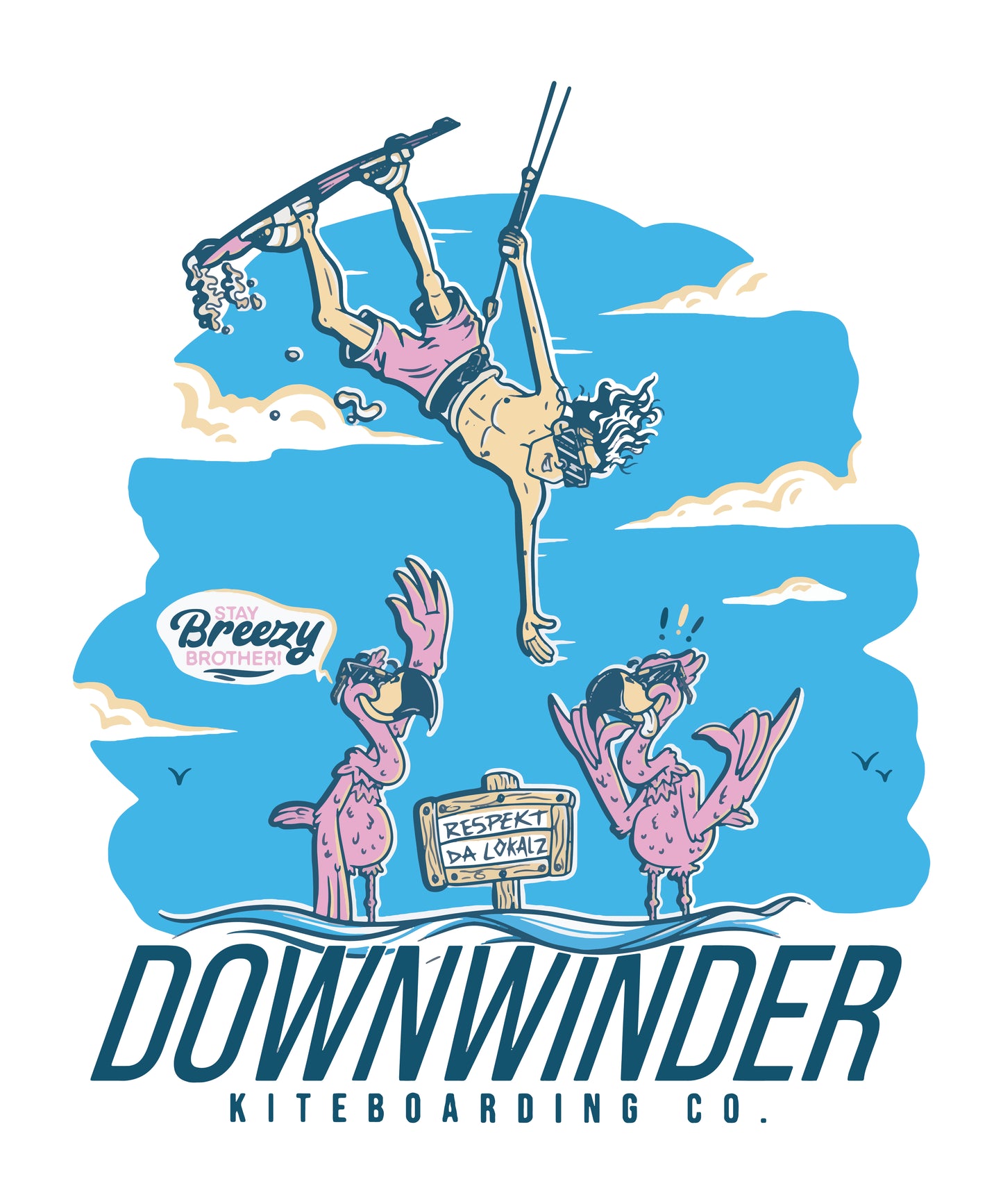 Downwinder Kiteboarding Co. flamingo 'Respekt the Localz' graphic up close. Cartoon man does flip on kiteboard and highfives a cartoon flamingo.