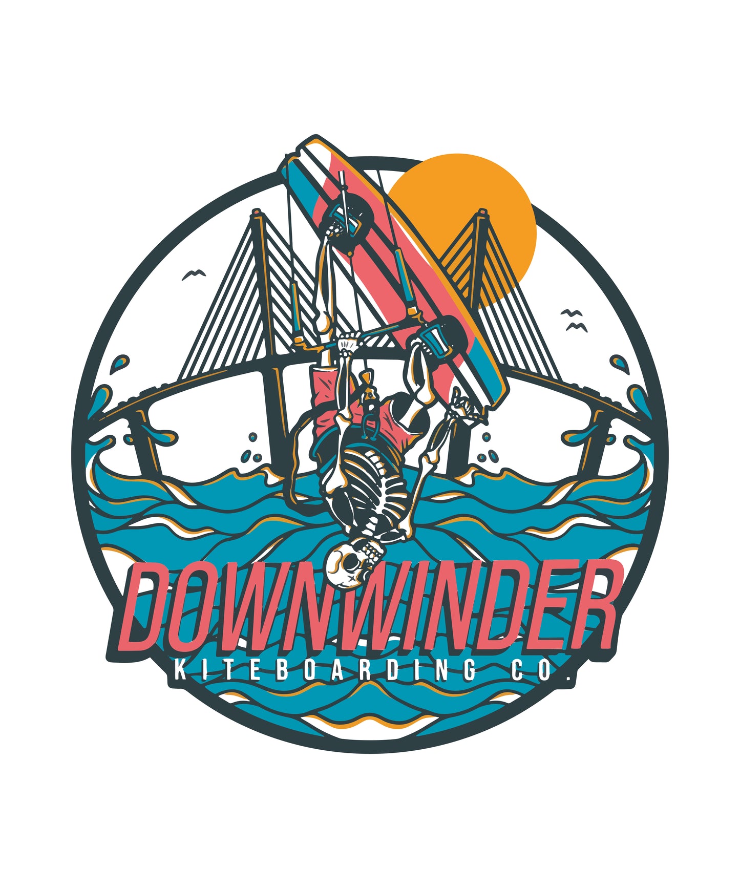 Close up of Downwinder Kiteboarding Co. Skeleton Roll design. The Graphic shows a skeleton doing a backroll in front of the Skyway Bridge