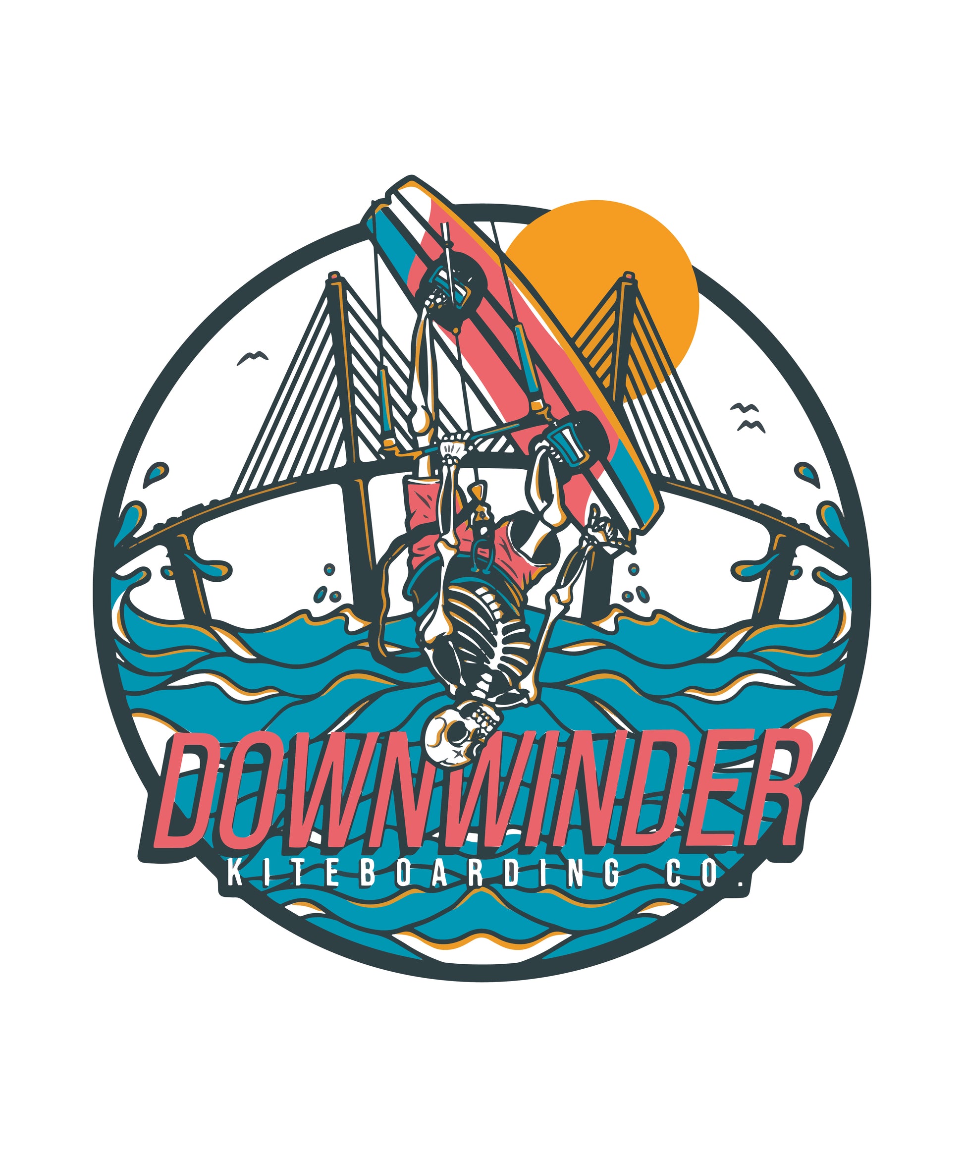 Close up of Downwinder Kiteboarding Co. Skeleton Roll design. The Graphic shows a skeleton doing a backroll in front of the Skyway Bridge