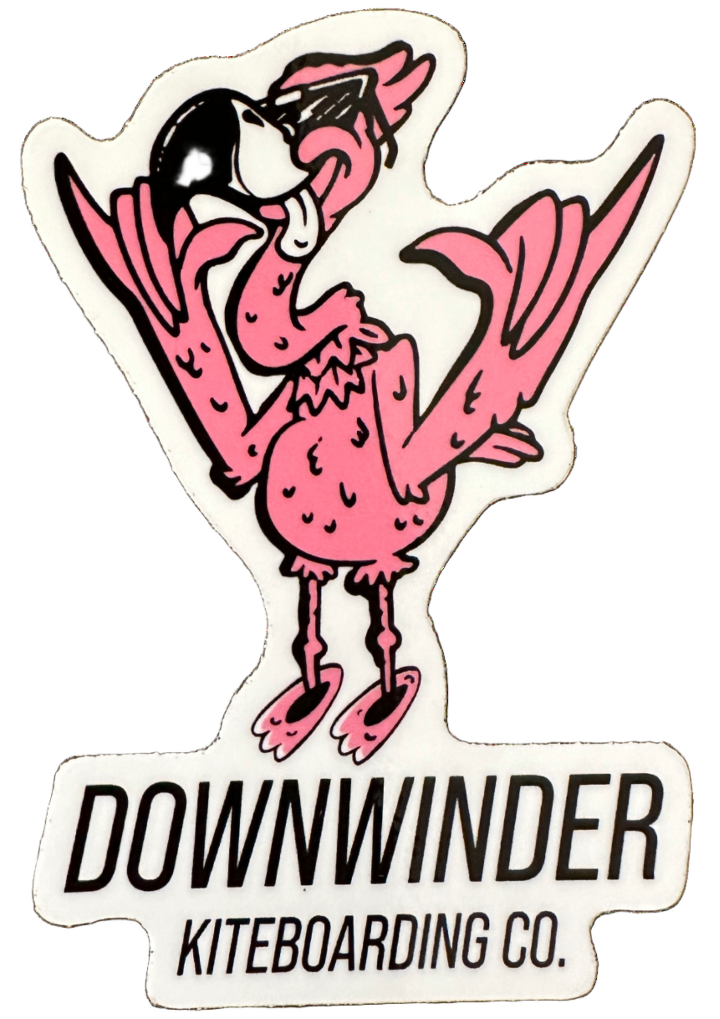 Sticker shows cartoon flamingo doing the shaka, and says "Downwinder Kiteboarding Co."